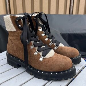 Steve Madden Brown Suede Lace-Up Shearling Trim Boots with Black Laces Size 6.5